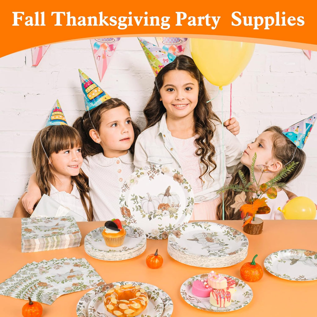 150Pcs Fall Paper Plates and Napkins Party Supplies Autumn Thanksgiving Disposable Plates Napkin White Pumpkin Plates Tableware Set for Fall Decor Thanksgiving Party Supplies,Serve 50 Guests
