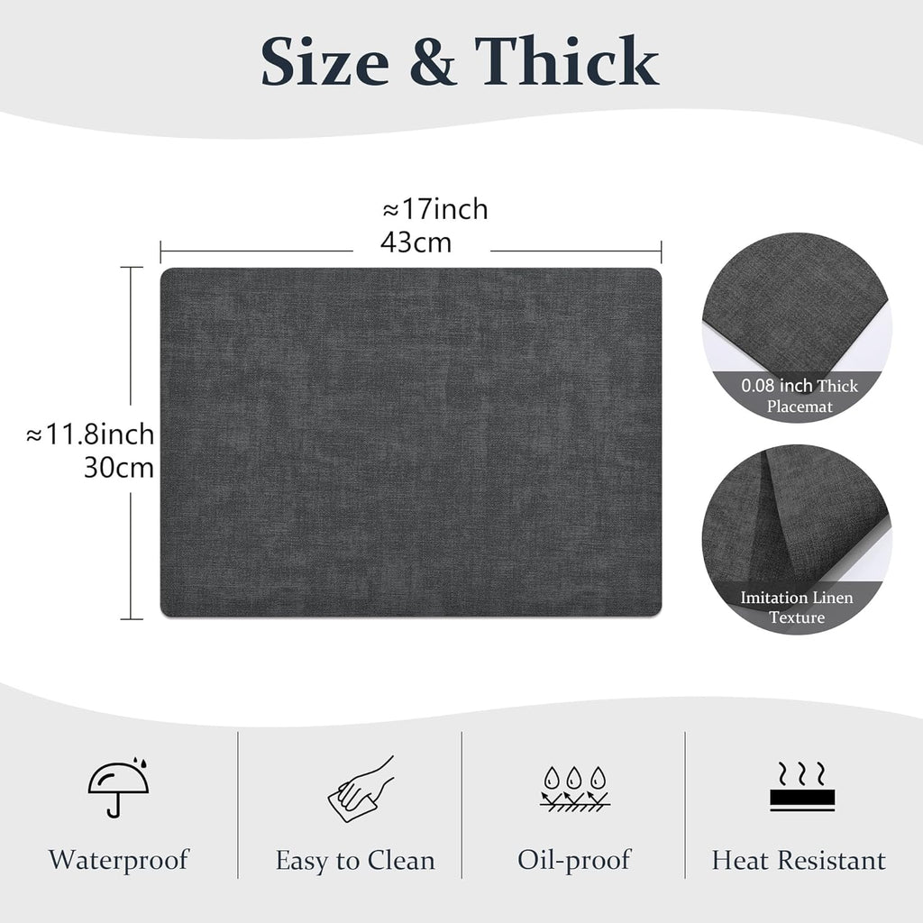 FROMHEART Faux Leather Placemats Set of 6–Waterproof,Heat/Oil Stain-Resistant PU Table Mat–Reversible,Non-Slip,Easy to Clean Place Mats for Kitchen,Dining,Indoor/Outdoor,(Dark Grey,11.8" x 17")
