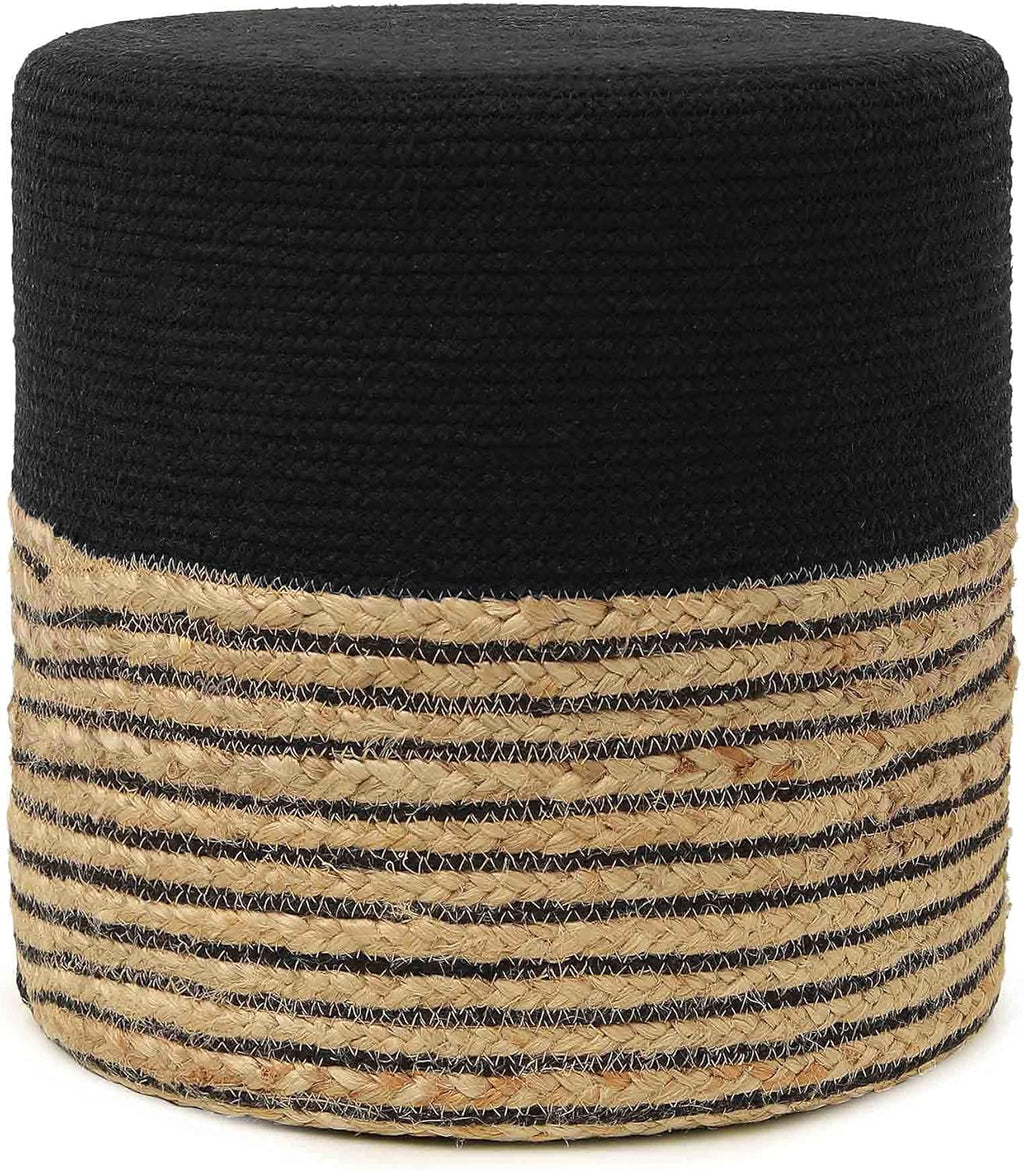REDEARTH · Cylindrical Pouf Ottoman - Braided Pouffe Accent Sitting Round Footrest for Living Room, Bedroom, Nursery, kidsroom, Patio, Gym; 70% Cotton 30% Jute, (14.5x14.5x16; Black Natural)