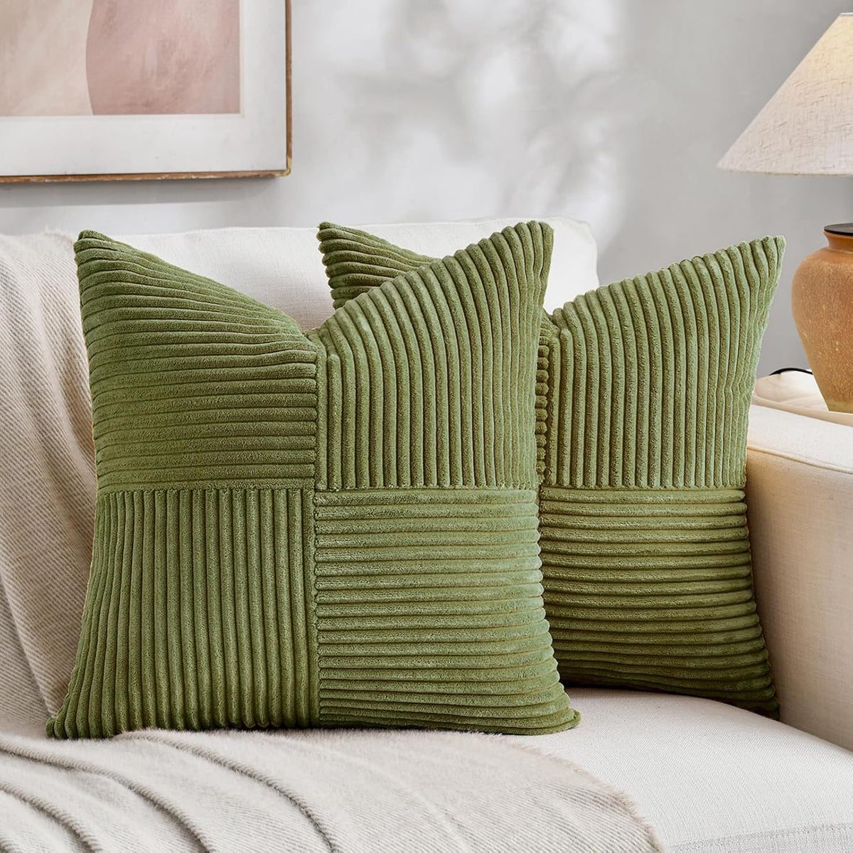 Fancy Homi 2 Packs Moss Green Euro Decorative Throw Pillow Covers 26x26 Inch for Bedroom Couch Bed, Farmhouse Boho Home Decor, Soft Corss Corduroy Patchwork Textured Square Cushion Case 66x66 cm