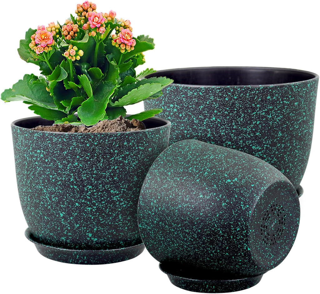 Large Flower Pots 12/10/9 inch, Set of 3 Decorative Plastic Planters with Drainage Holes and Saucers for Garden House Plants, Plant Pots for Indoor Outdoor Plants, Black with Green Speckles