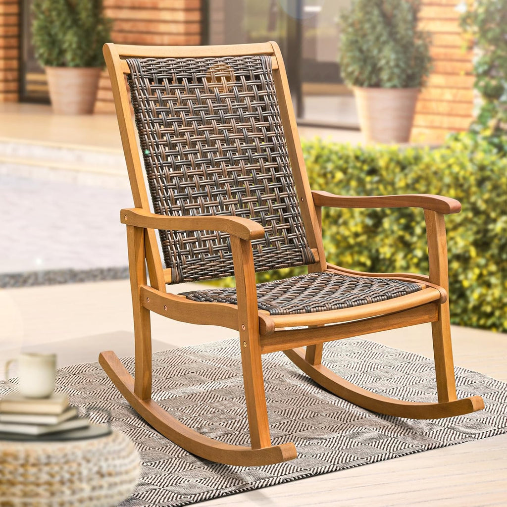 IDZO Wood Wicker Rocking Chair, 400 lbs Capacity, Durable Eucalyptus Wood, Natural Finish, Comfortable Curvy Design, Ideal for Deck, Patio Furniture, and Outdoor Furniture Accent Chair