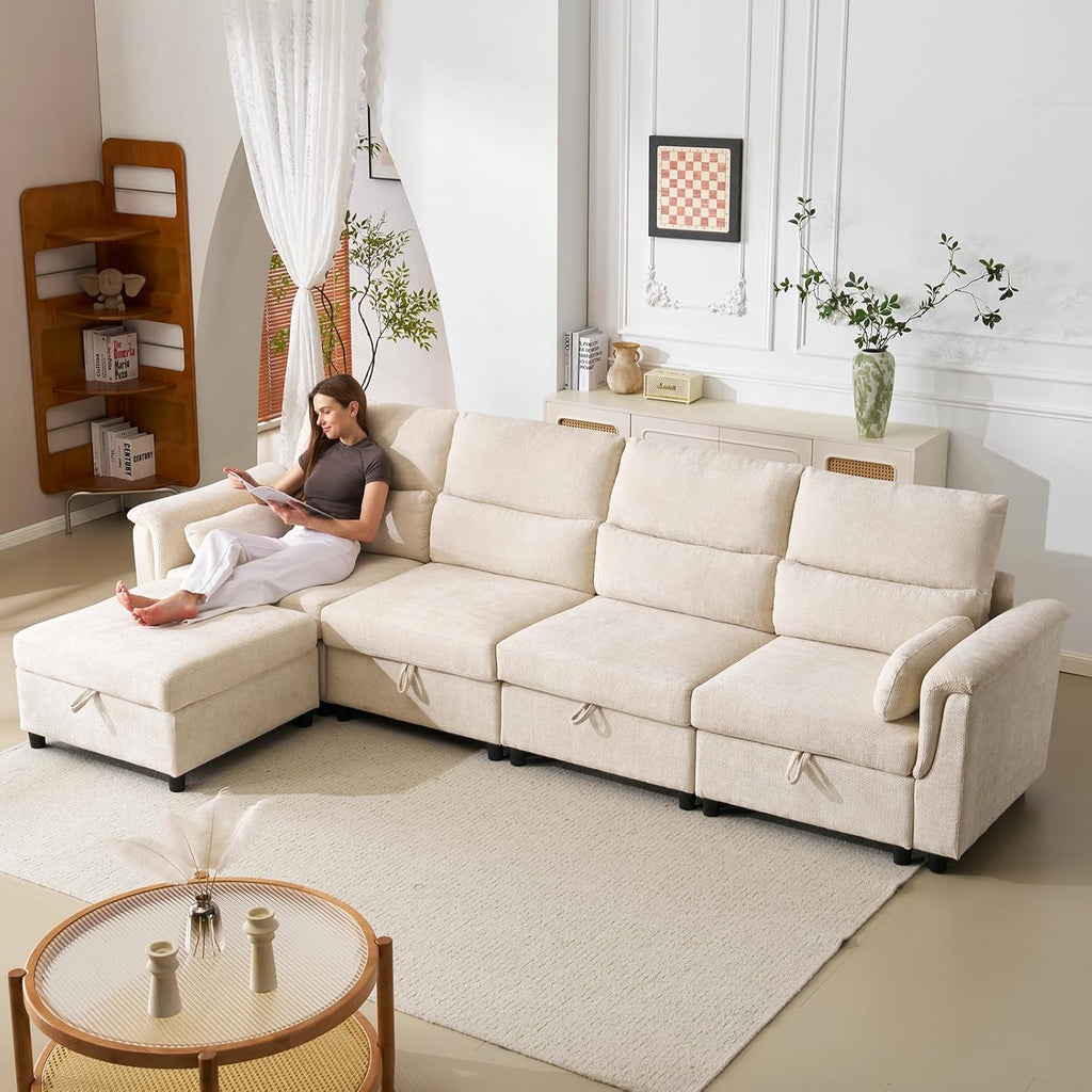 132'' Oversized Modular Sectional Sofa, L Shaped Comfy Cloud Sectional Couch with Storage, 5 Seat Extra Deep Seat Modular Sofas with Throw Pillows for Living Room, Beige