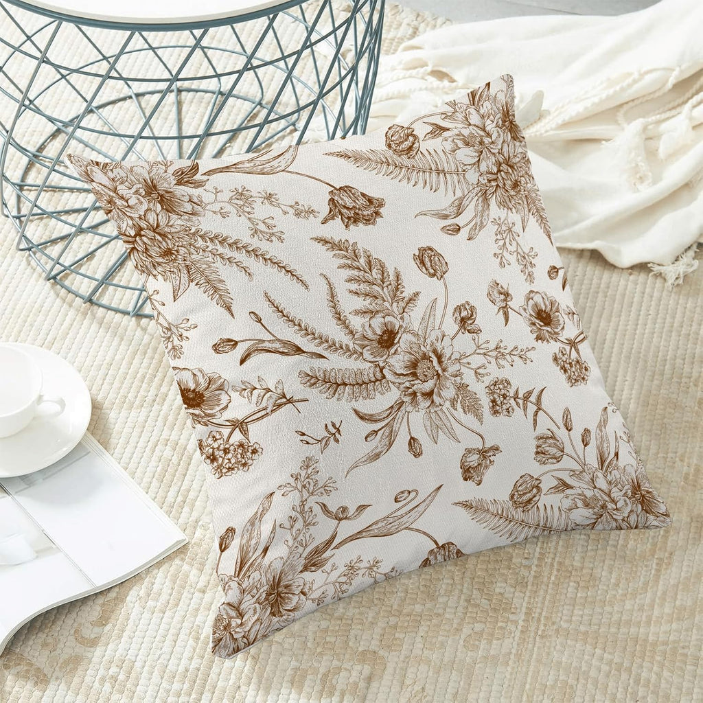 CXMEIFLY Spring Floral Leaves Pillow Covers 24 x 24 Inch Set of 2 for Chinoiserie Flowers Decor Throw Pillows Brown and White Seasonal Plant Outdoor Decorative Cushion Cases for Couch Bed Decorations