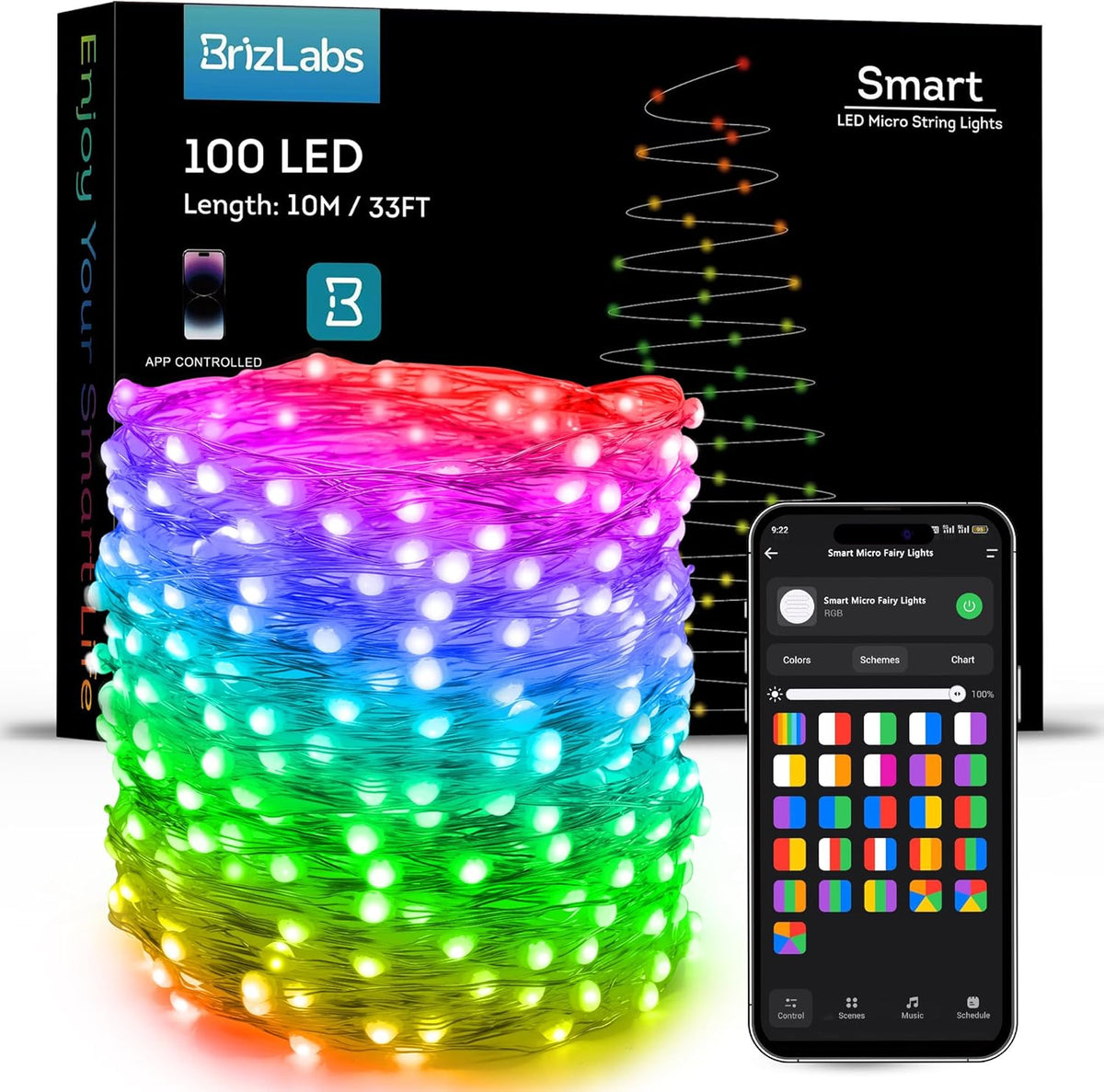 BrizLabs Smart Fairy Lights, 33ft 100 LED Color Changing Fairy Lights Work with Alexa/Google Home, WiFi Rainbow Christmas Light Dimmable RGB Twinkle Starry Light for Christmas Tree Home Party Decor