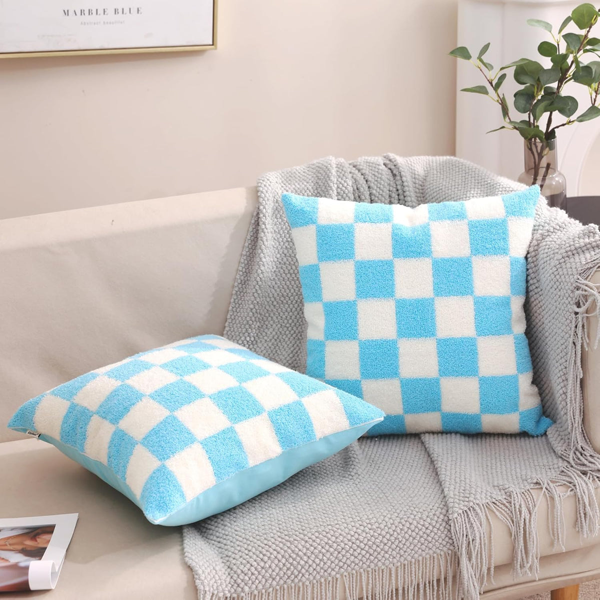 Alysheer Checkered Embroidered Decorative Throw Pillow Covers 18"x 18" Set of 2, Classic Accent Designer Blue White Plaid Patterned Cotton Cushion Cases for Sofa Couch Bed Living Room Outdoor Decor