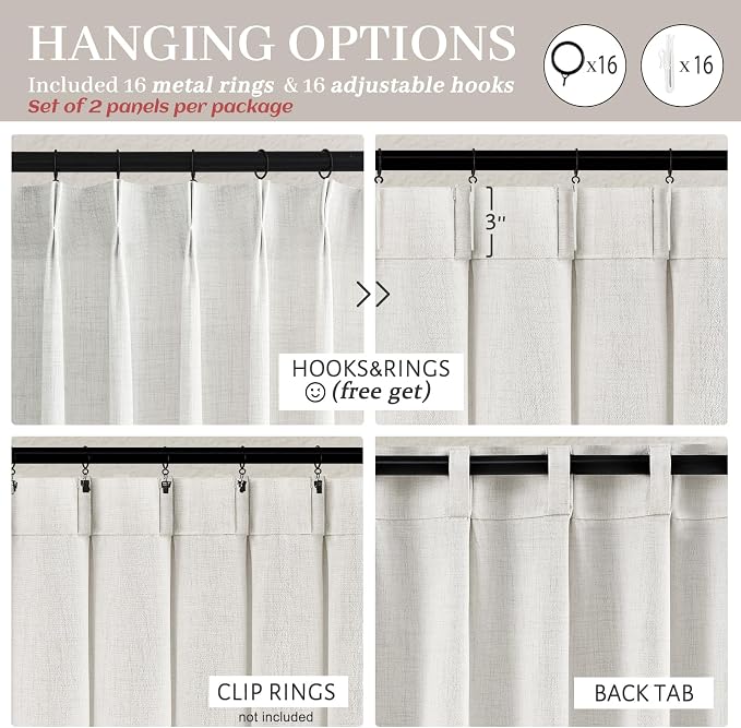 Beige White Pinch Pleated 92 Inch Curtains 2 Panel Set - Image 4