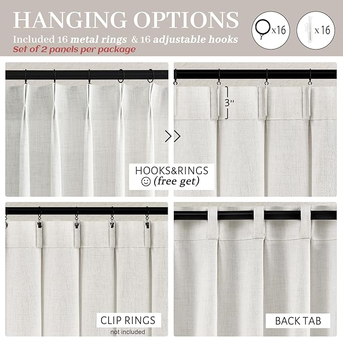 Beige White Thick Natural Linen Light Filtering 104 Inch Extra Long Curtains - Image 8
