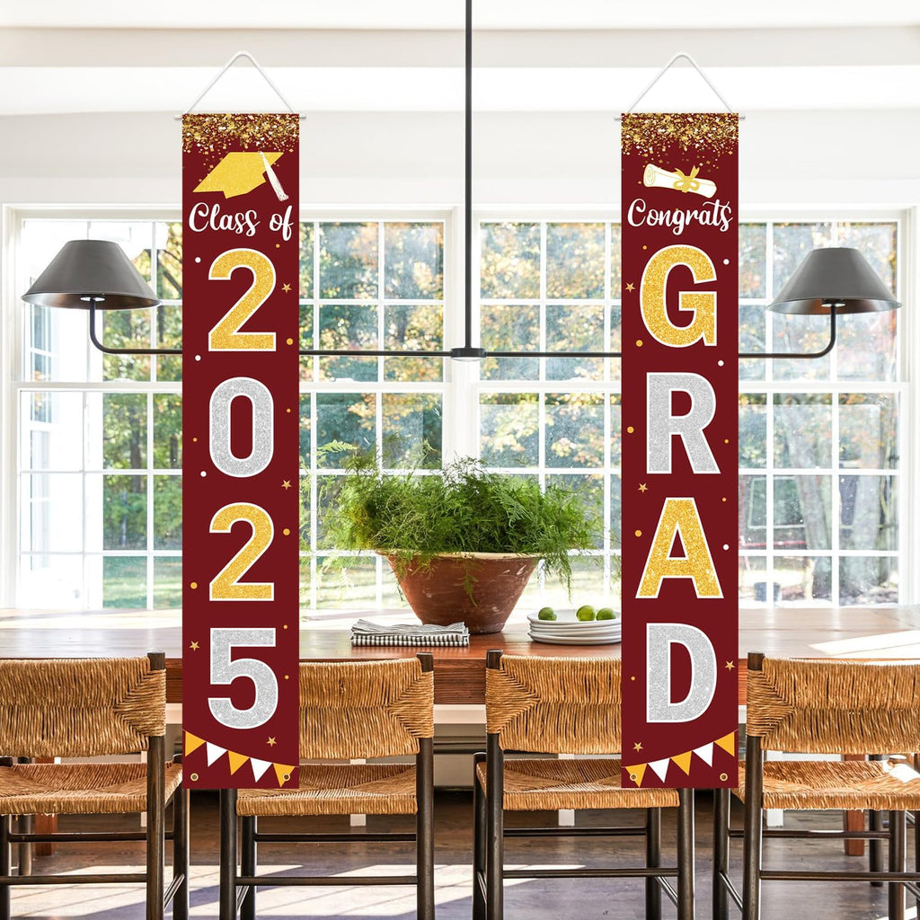 Graduation Decorations 2025 GRAD Banner Maroon Porch Door Sign Welcome Banner For Indoor Outdoor Wall Graduation Decorations Class of 2025