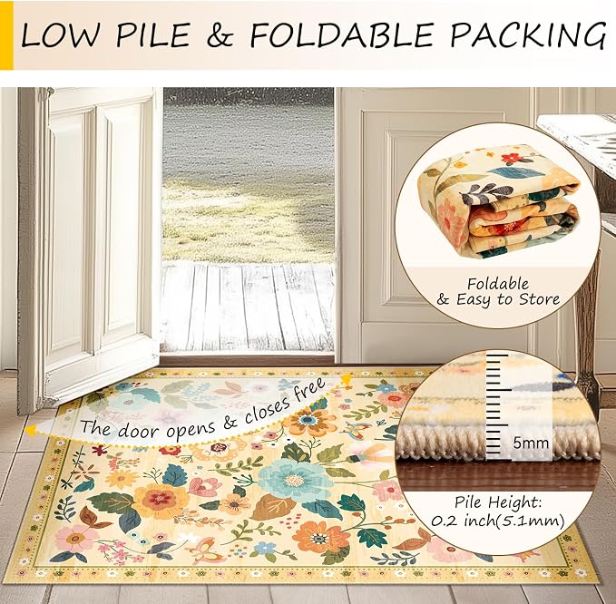 Floral Washable 2x10 Area Rugs Runner Entryway Hallway Ivory/Yellow | Flower - Image 4