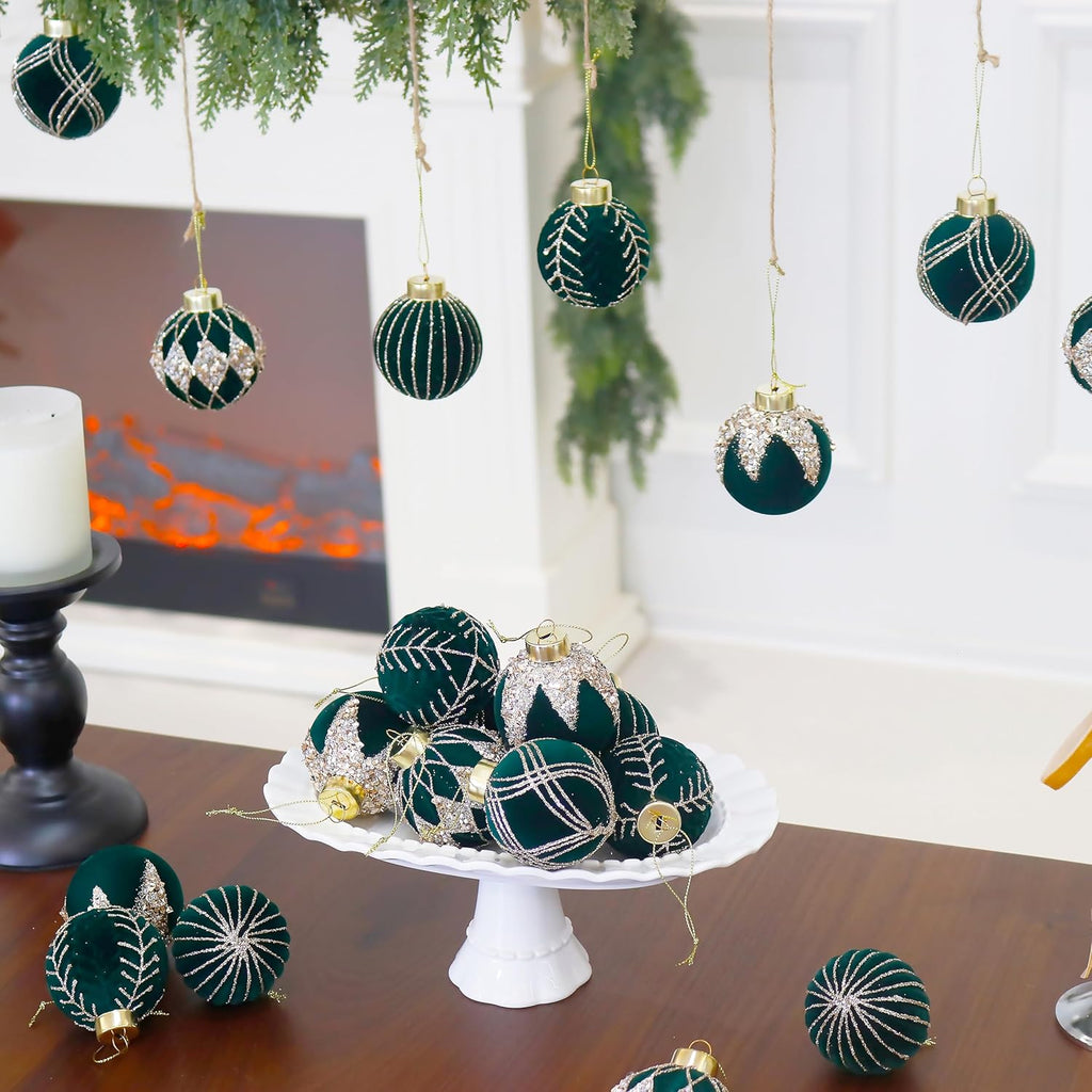 4inch Velvet Ornaments for Christmas Tree, 9PCS Glitter Flocked Christmas Ornaments Decorations Balls Set Decor Green