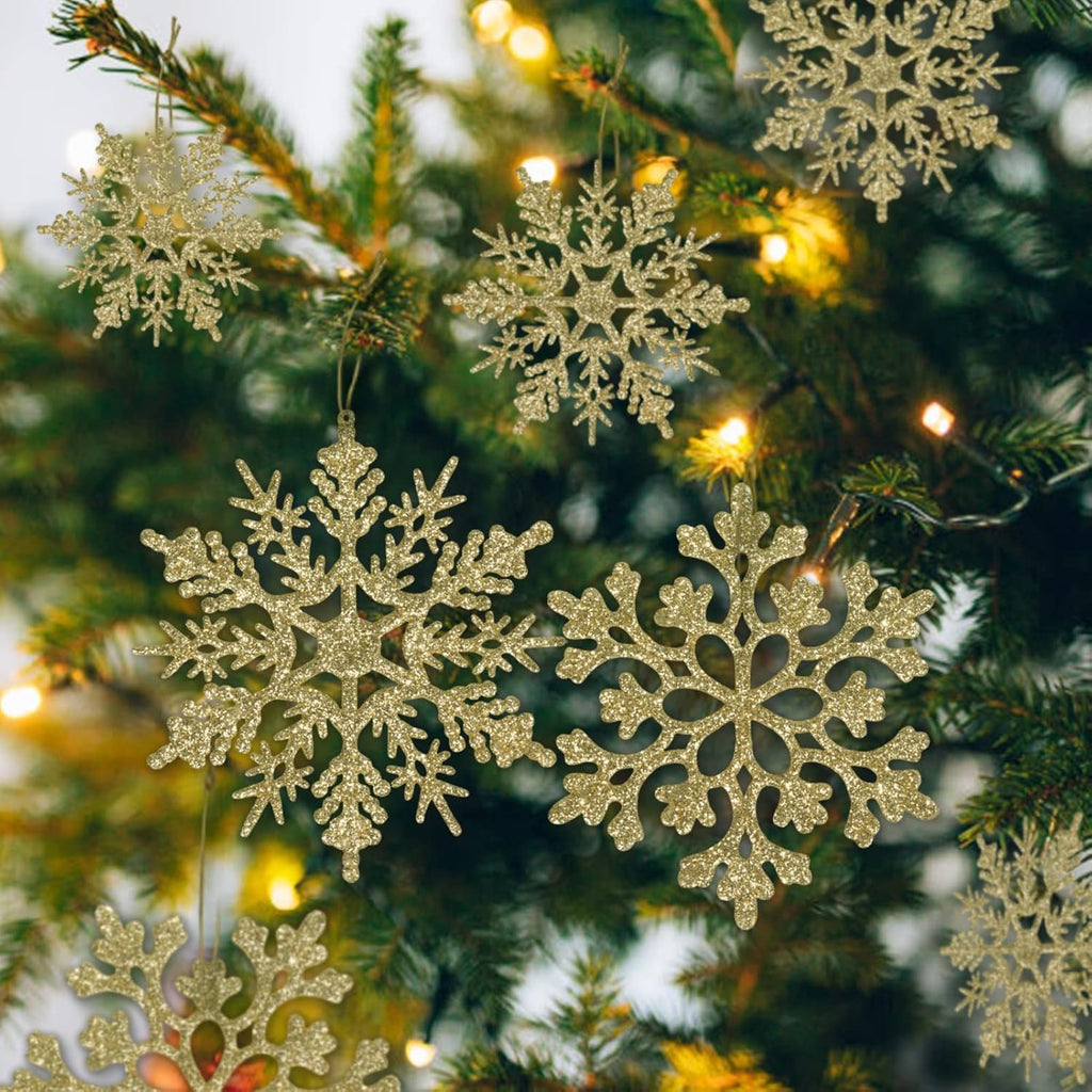36pcs Christmas Gold Snowflake Ornaments Plastic Glitter Snow Flakes Ornaments for Winter Christmas Tree Decorations Size Varies Craft Snowflakes