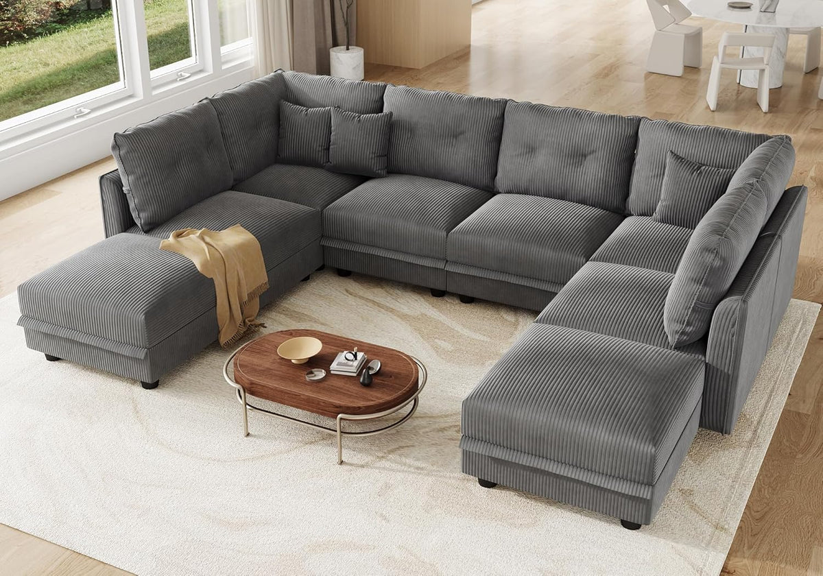 LLappuil Modular Sectional Sofa with Storage Seats, Corduroy Convertible Modular U Shaped Sectional Couch for Living Room, 8 Seat Oversized Sofa with 8 Back Cushion 8 Throw Pillow, Grey