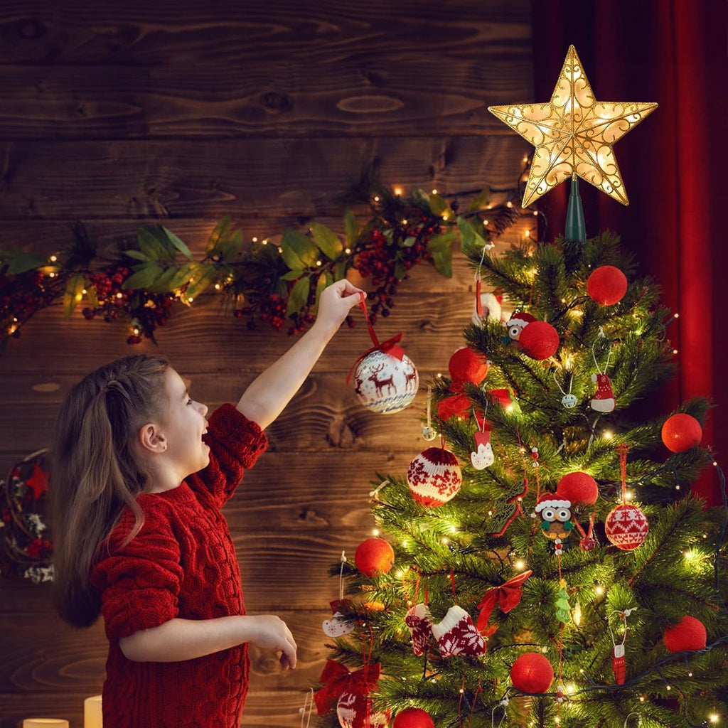 Christmas Star Tree Topper, 9.5 in Plug in Golden Glittered 3D Star Tree Topper, Metal Hollow Designed Built-in 10 Bulbs String Lights for Indoor Office Christmas New Year Holiday Tree Decoration