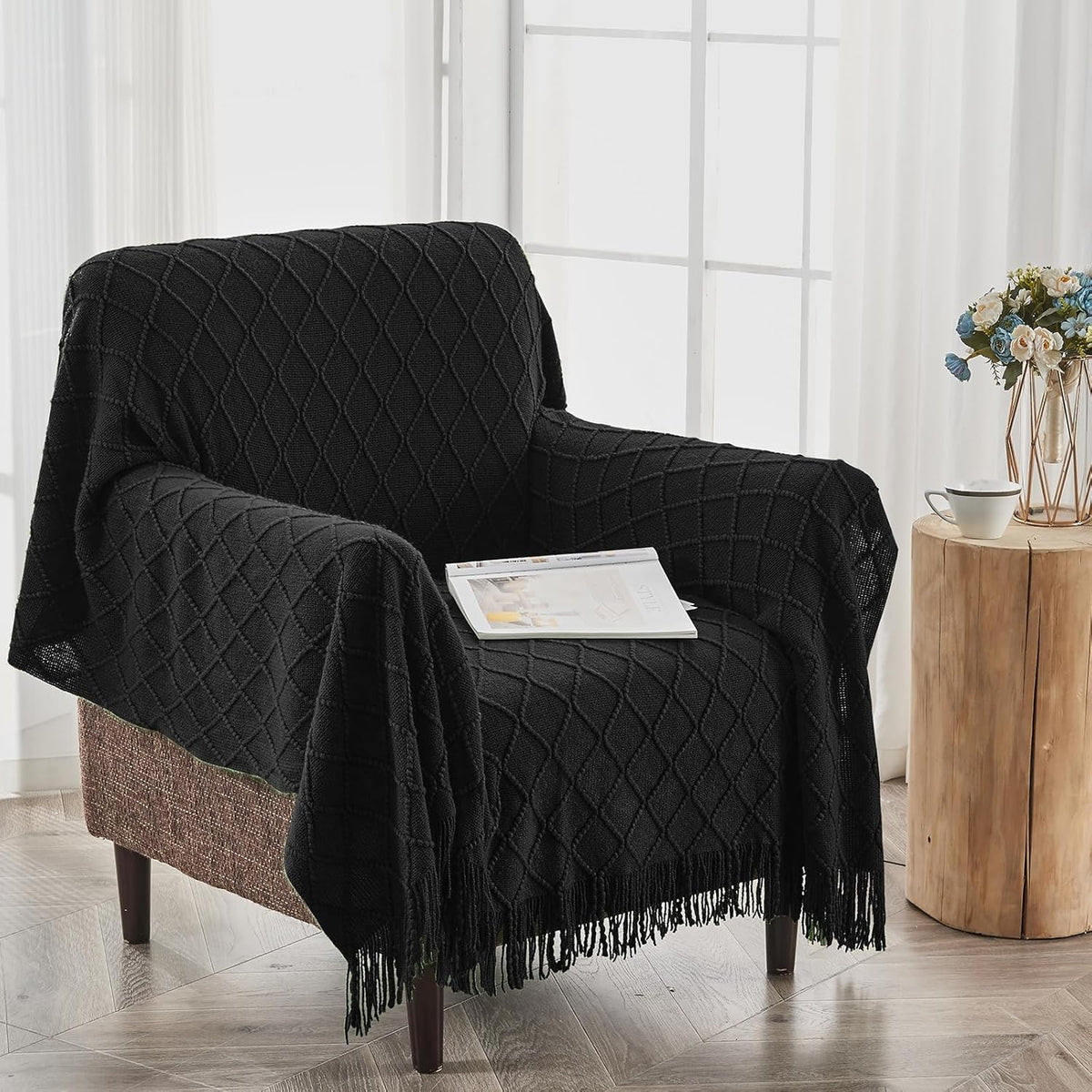 inhand Knitted Throw Blankets for Couch and Bed, Soft Cozy Knit Blanket with Tassel, Black Lightweight Decorative Blankets and Throws, Farmhouse Warm Woven Blanket for Men and Women, 60"x80"