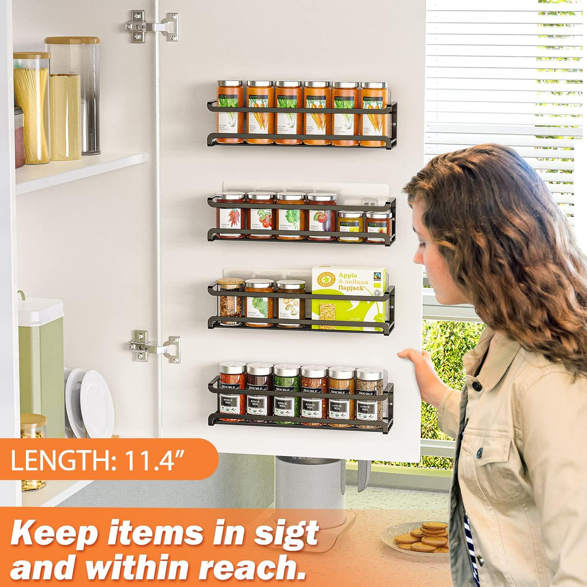 Spice Rack wall mounted 2 Pack, Space-Saving Spice Organizer for Spice Jars and Seasonings,Screw or Adhesive Hanging Spice Rack Organizer for Your Kitchen Cabinet,or Pantry Door