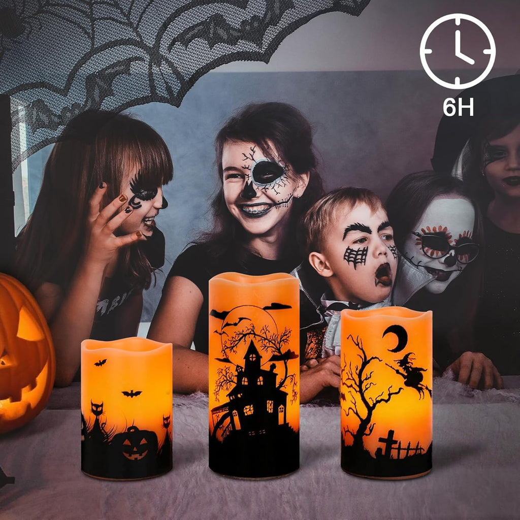 Wondise Halloween Rechargable Flickering Flameless Candles with 6H Timer, Battery Operated LED Real Wax Candles with Charging Base Set of 3 Halloween Home Decoration Gifts(3 x 4 5 6 Inch)