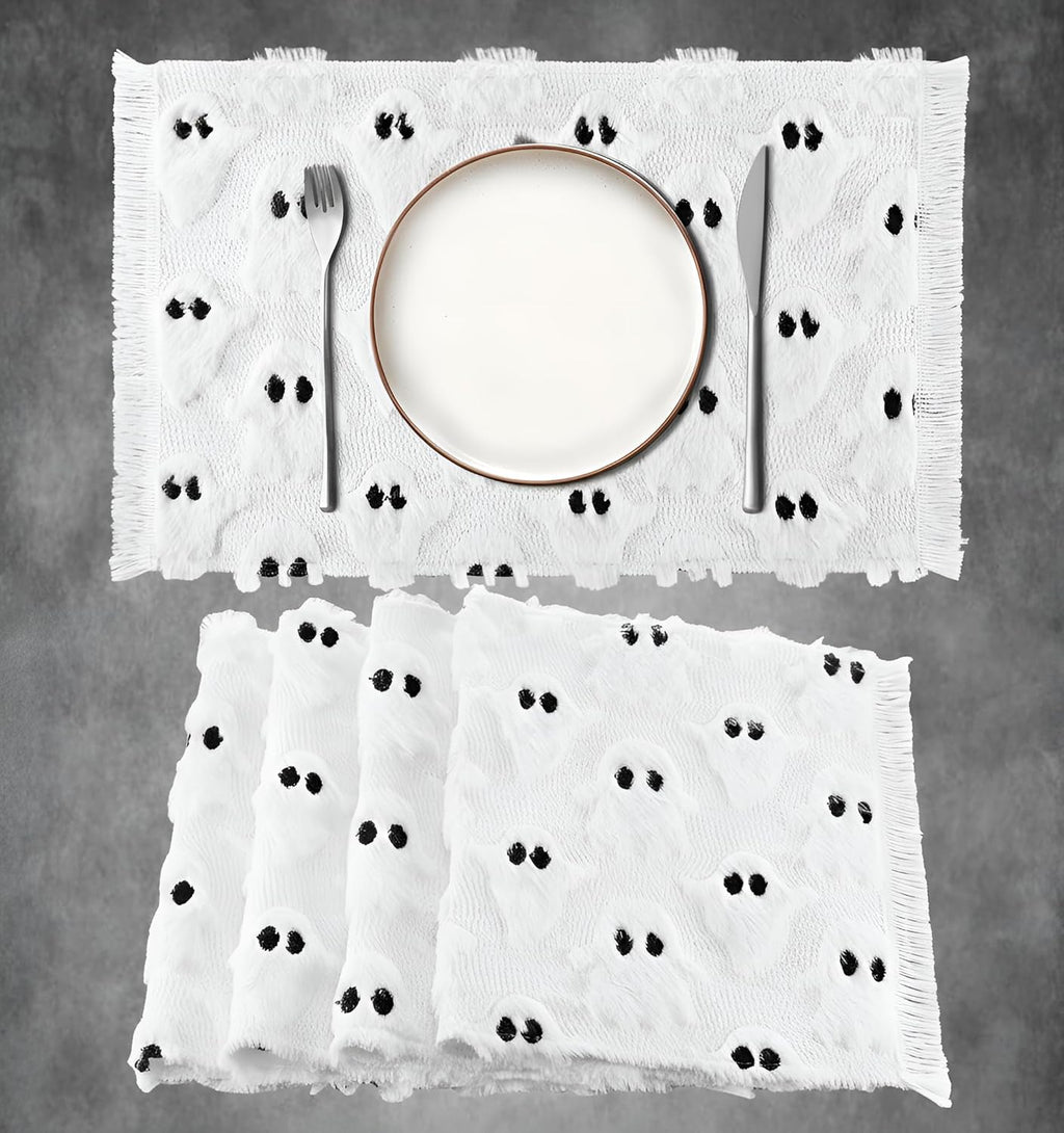 Nuanchu 4 PCS White Ghost Boo Placemats 13 x 19 Inch Halloween Soft Plush Faux Fur Wool Table Mats Halloween Placemats for Party Kitchen Dining Decoration