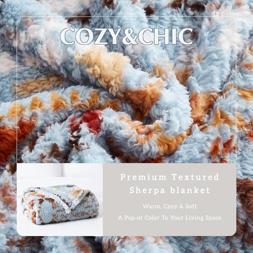 CASAAGUSTO Boho Sherpa Throw Blanket, Aztec Queen Blanket, Ultra Soft, Warm, Cozy, Plush, Thick Fleece Bohemian Throw Blanket for Couch, Bed, Sofa (Blue Grey 90 * 90 Inch)