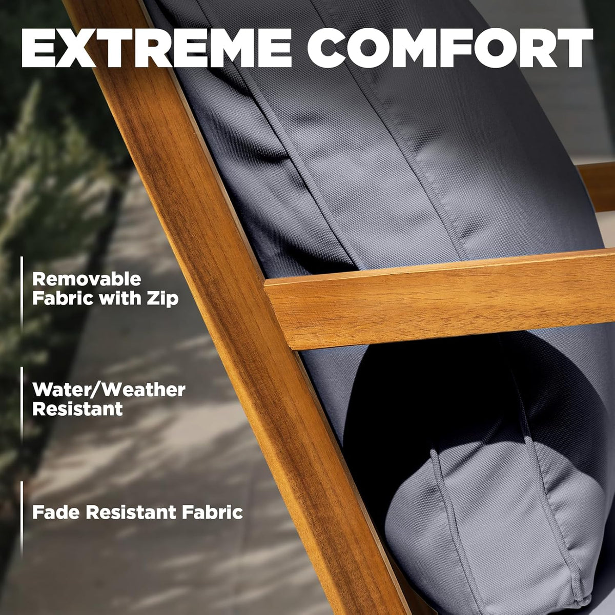 IDZO Premium Club Rocking Chair 500lbs Capacity with Inclined Backrest, Thick Foam Cushion, Solid Acacia Wood Rocker for Patio, Backyard, Balcony, Porch