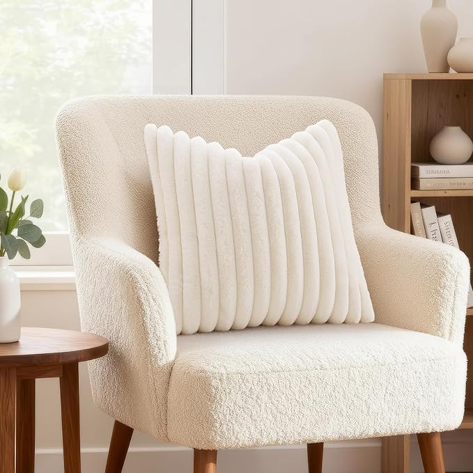 decorUhome Fall Faux Fur Throw Pillow Covers 16x16 Set of 2 Cream White | - Image 2