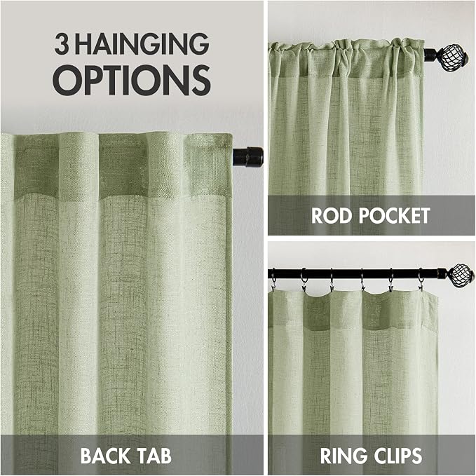 MIULEE Sage Green Linen Curtains 52x54 Inch Length 2 Panels - Image 3