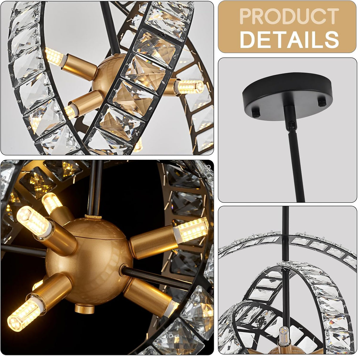 18" Crystal Globe Sputnik Chandelier, 6-Light Black Gold Modern Adjustable Hanging Ceiling Pendant Light Fixture for Entryway Foyer Stairway Bedroom Dining Living Room Hallway