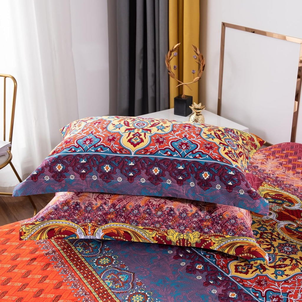 ABREEZE Bohemian Duvet Cover Set Colorful Orange Boho Retro Bedding Set Damask Paisley Cotton Duvet Cover Tribal Reversible Bedding Exotic Style Comforter Cover 3-Piece Twin