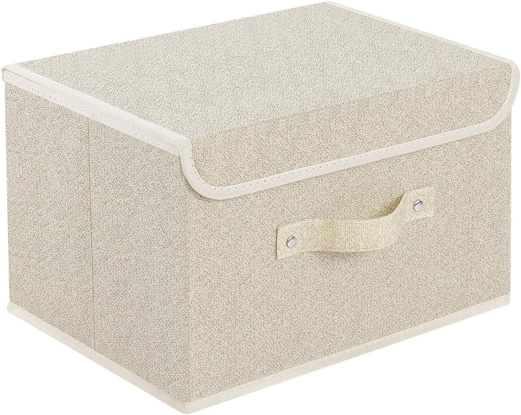 Storage Boxes, Collapsible Storage Bins with Lids, Cotton and linen cloth Storage Baskets with Handle, for Books, Closet, Bedroom, Home, 13x9.1x7.9 in, Grey and Beige