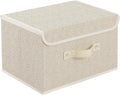 Storage Boxes, Collapsible Storage Bins with Lids, Cotton and linen cloth Storage Baskets with Handle, for Books, Closet, Bedroom, Home, 13x9.1x7.9 in, Grey and Beige