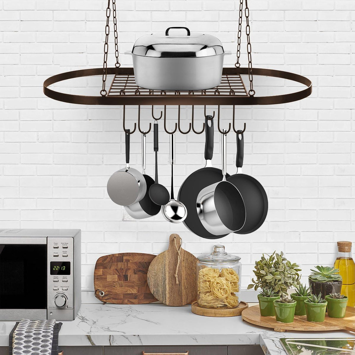 Sorbus Pot and Pan Rack for Ceiling 31" with 10 S Hooks — Decorative Oval Mounted Storage Rack — Multi-Purpose Organizer Great for Home, Restaurant, Kitchen Cookware, Utensils, Books, (Bronze)