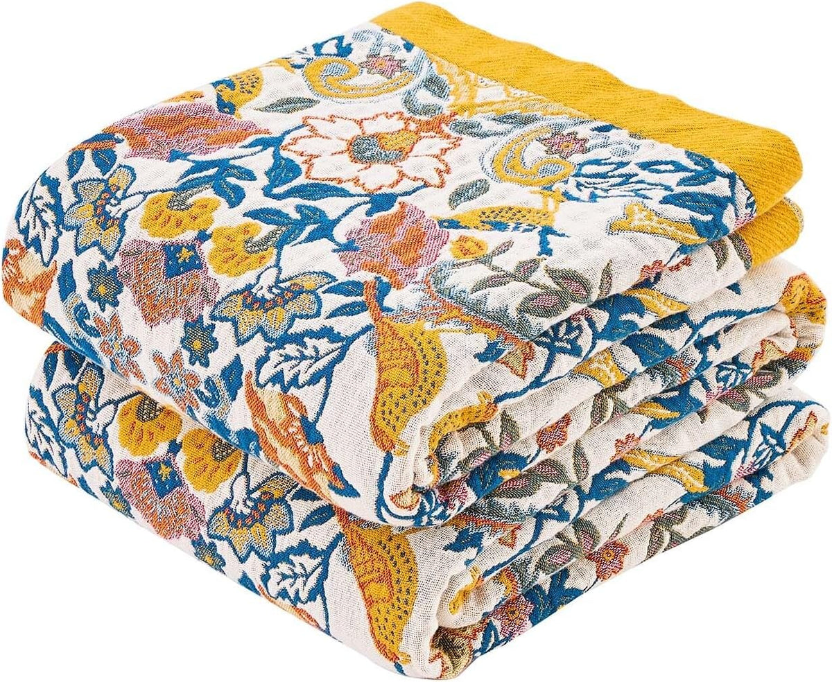 Boho Blanket Throw Quilt, 100% Cotton Soft Light Weight Throw Blankets for Summer, 80"x90" Farmhouse Flower Decorative Blankets, All Season Rustic Reversible Bohemian Throw Quilt