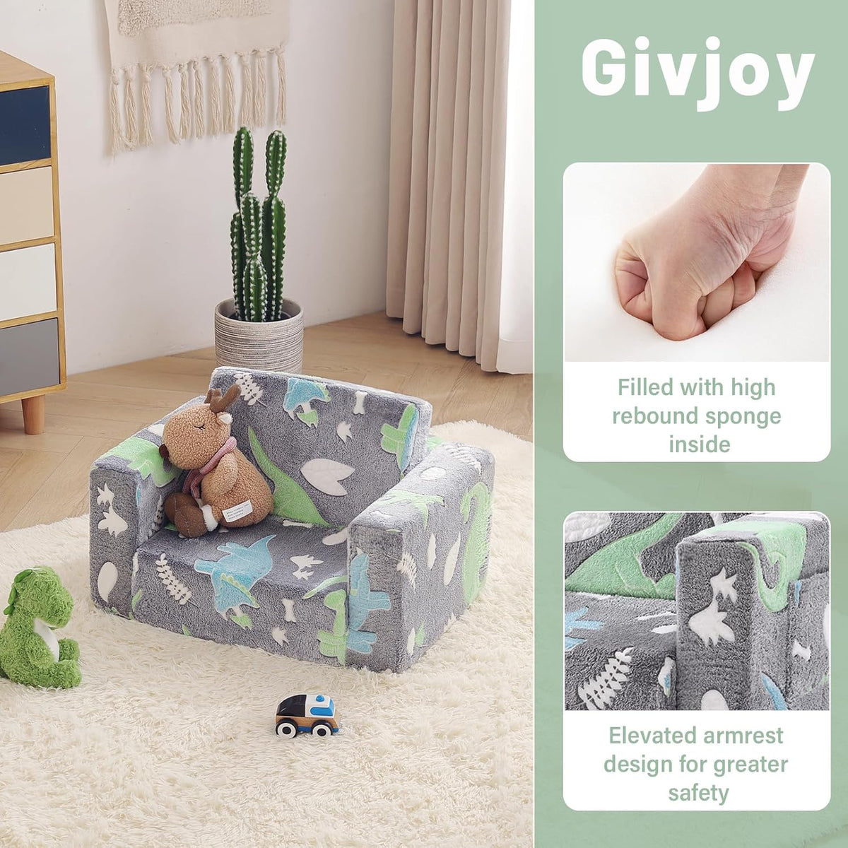 Toddler Chair Kids Couch, 2-in-1 Toddler Soft Sherpa Couch Fold Out Armchair with Removable Cover, Convertible Reading Chair Toddler Sofa for Kids, Glow in The Dark Plush Grey Dinosaur