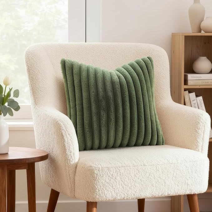 decorUhome Fall Faux Fur Throw Pillow Covers 26x26 Set of 2 Olive Green | - Image 2