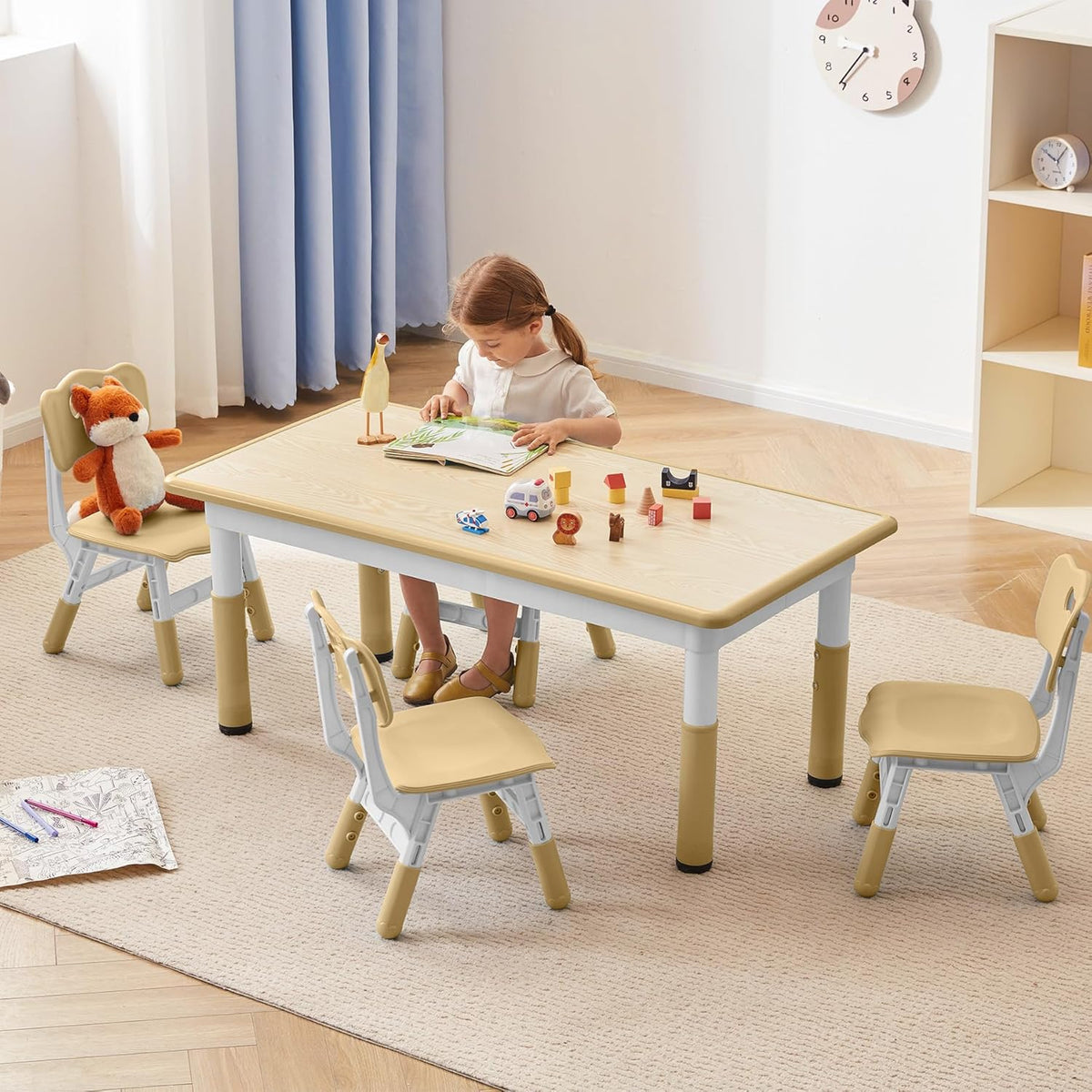 Kids Study Table and Chairs Set, Height Adjustable Toddler Table and Chair Set for Kids Ages 3-8, Graffiti Desktop (Wooden Brown)