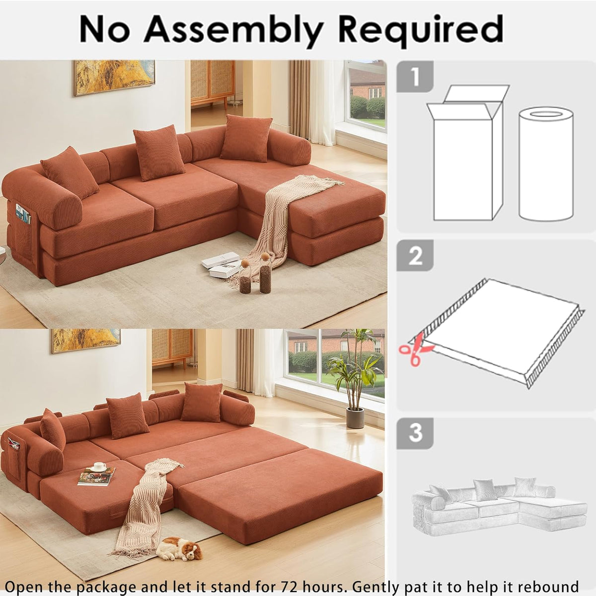 107" Oversized Convertible Sleeper Sofa Bed, Corduroy L Shape Sectional Couch, Folding Sofa Bed with Side Pocket, Modern Cloud Floor Mattress Couch, Modular Sofa for Living Room, Orange