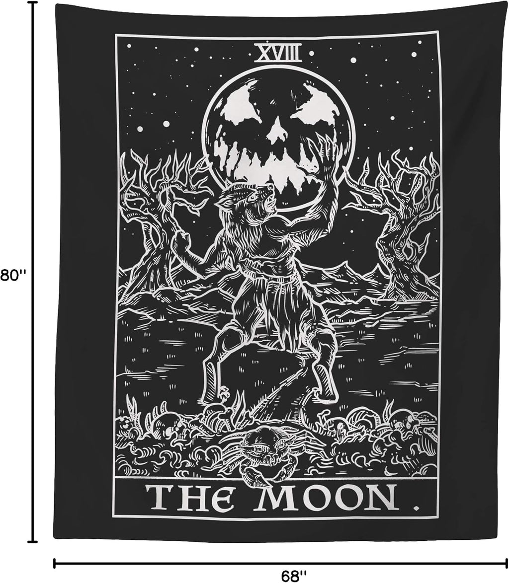 The Moon Tarot Card Tapestry (Black & White) - Werewolf - Gothic Halloween Home Decor Wall Hanging (80" x 68")