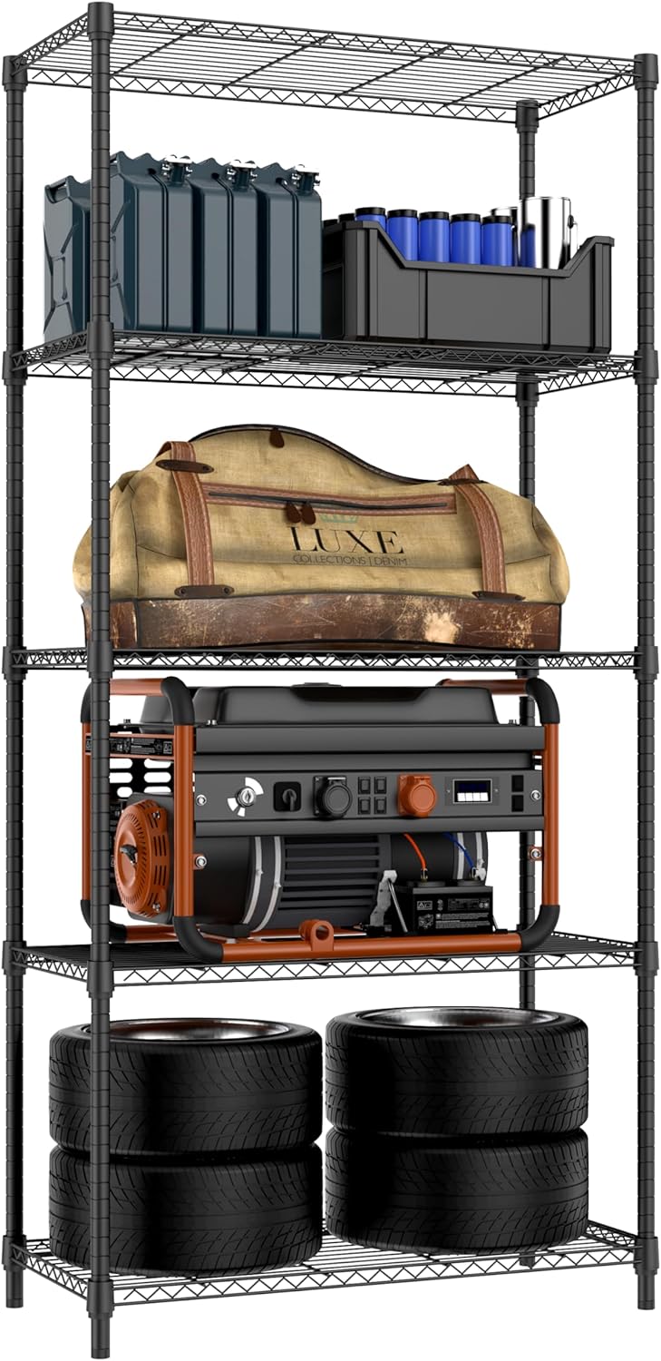 1250 lbs 5 Tier Shelf Metal Storage Shelves Shelving Wire Rack Heavy Duty Closet Organizers for Garage Kitchen Bathroom Laundry Black 15.7" D x 33.5" W x 68.5" H