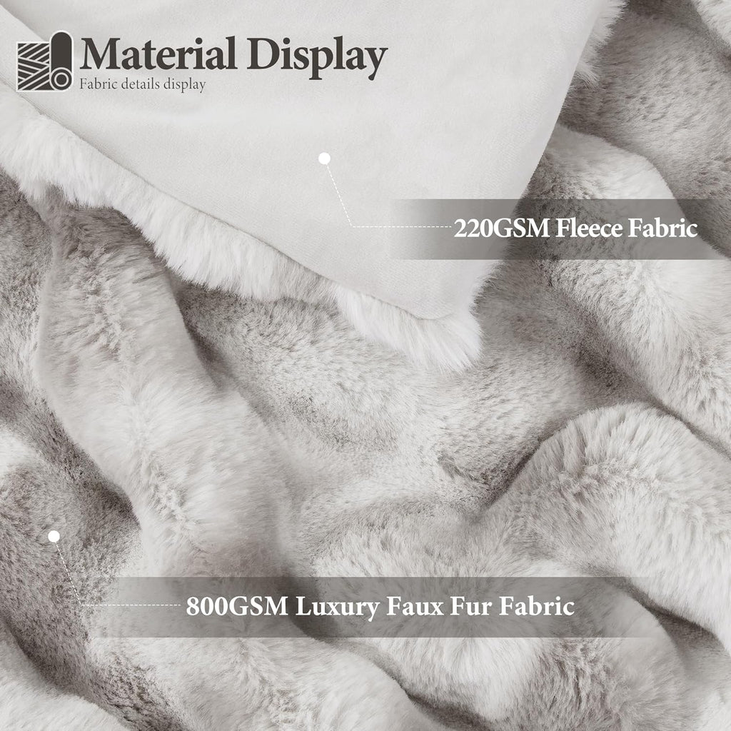 Touchat Luxury 1000GSM Faux Rabbit Fur Throw Blanket, Super Heavy Warm Cozy Grey Blankets for Couch Bed Sofa, Ruched Plush Fuzzy Elegant Soft Reversible Mink Blanket for Living Room Bedroom