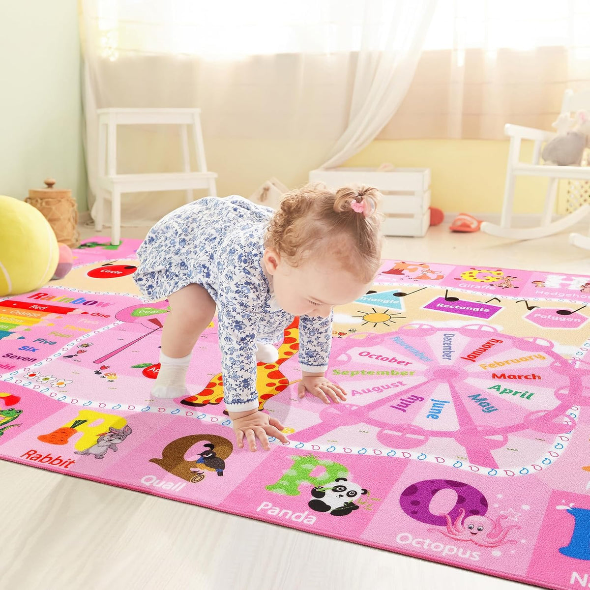 Kids Rugs for Playroom Bedroom Classroom Nursery, Non-Slip and Washable Rugs for Children Toddlers Girls, Educational and Fun Rug Carpets with ABC Alphabet Animals Shapes, 3x5, Pink