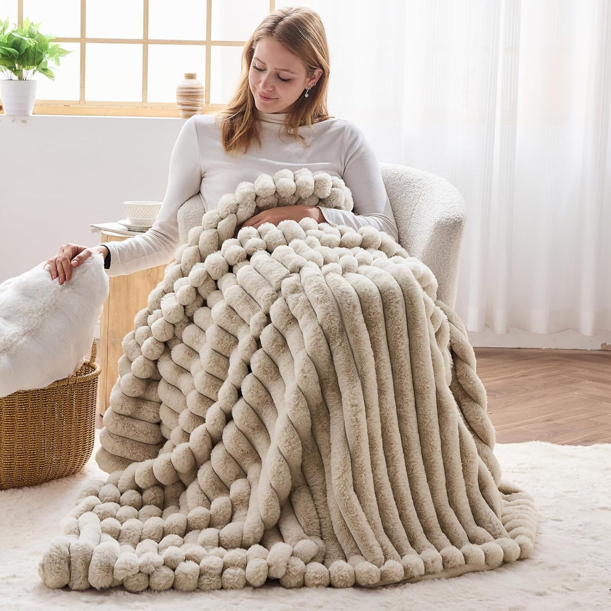 NEWCOSPLAY Faux Fur Throw Blanket Linen 3D Ribbed Plush Thick Warm Blanket for Couch Sofa Bed 850GSM (Linen Ribbed, Throw(50"x60"))