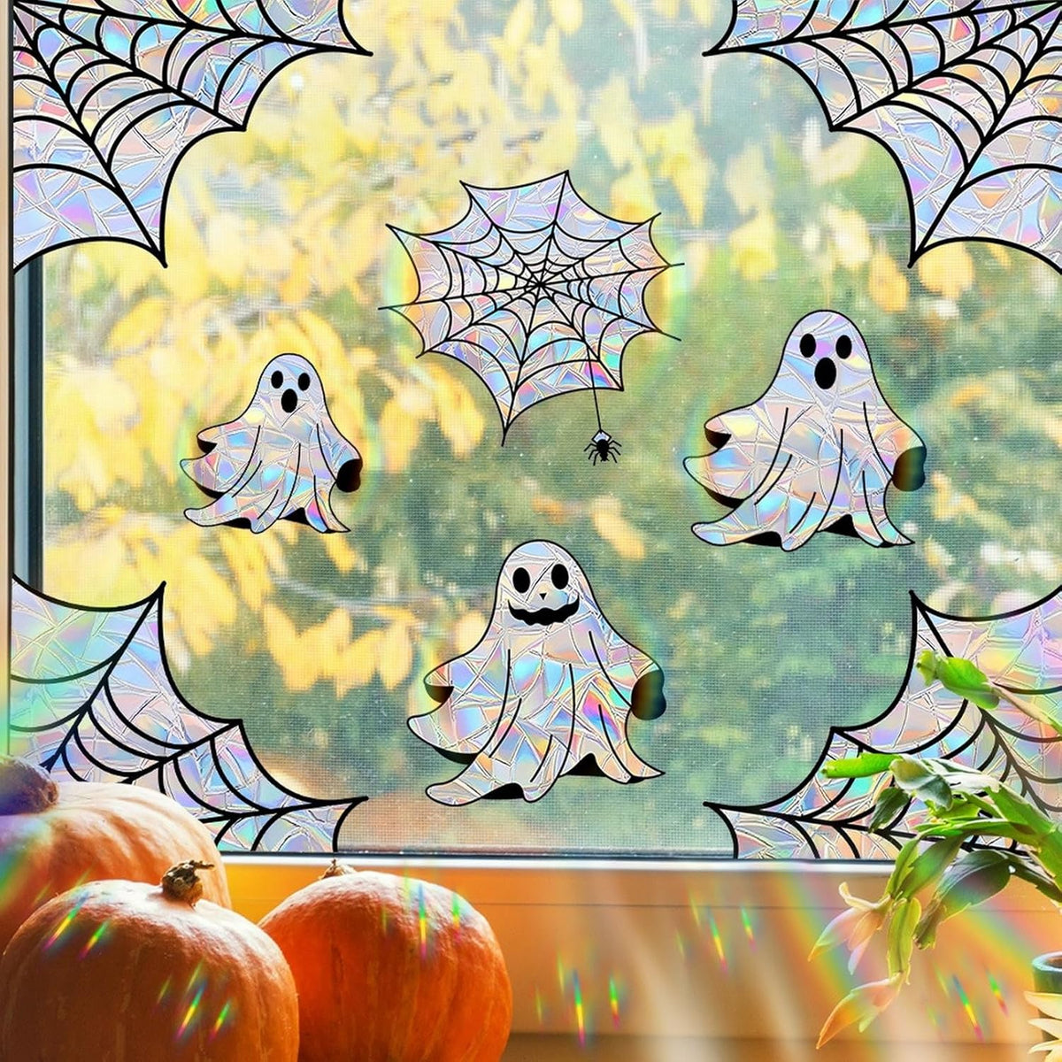 Halloween Window Clings for Glass Fall Static Cling Window Decals 9PCS Cute Ghost Pumpkin Mummy Spider Autumn Reusable Window Stickers Home School Office Decorations