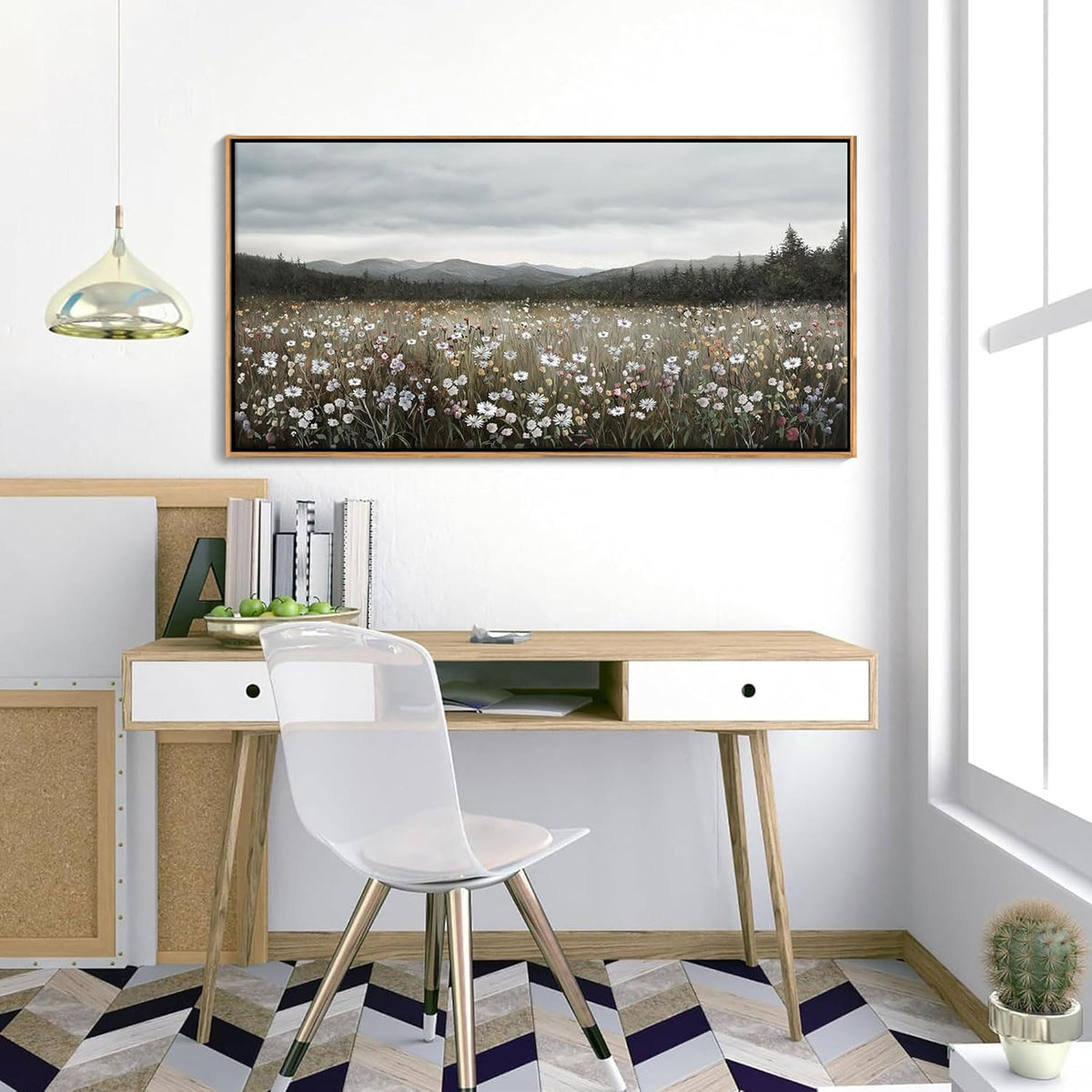 HGUAOA Vintage Framed Floral Landscape Wall Art for Living Room - Large Nature Artwork Above Bed Wall Decor - Farmhouse Mountain Pictures for Bedroom Wall Decor 20×40IN