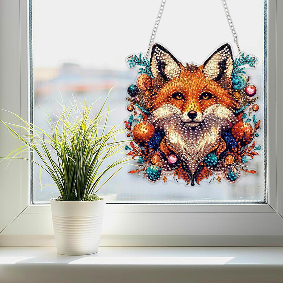 SENQAO Fox Diamond Art Hanging Kit for Adult, Special Shaped Rhinestone, Double Sided DIY Acrylic Diamond Art Painting Window Pendants Home Garden Wall Hanging Kits Hanging Ornament