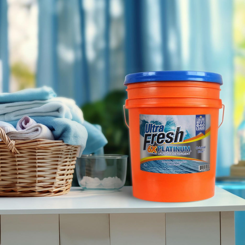 Ultra Fresh 5 Gallon Liquid Laundry Detergent Washing Soap for All Machine Types, 6X Platinum, Up to 640 Loads, Fresh Breeze