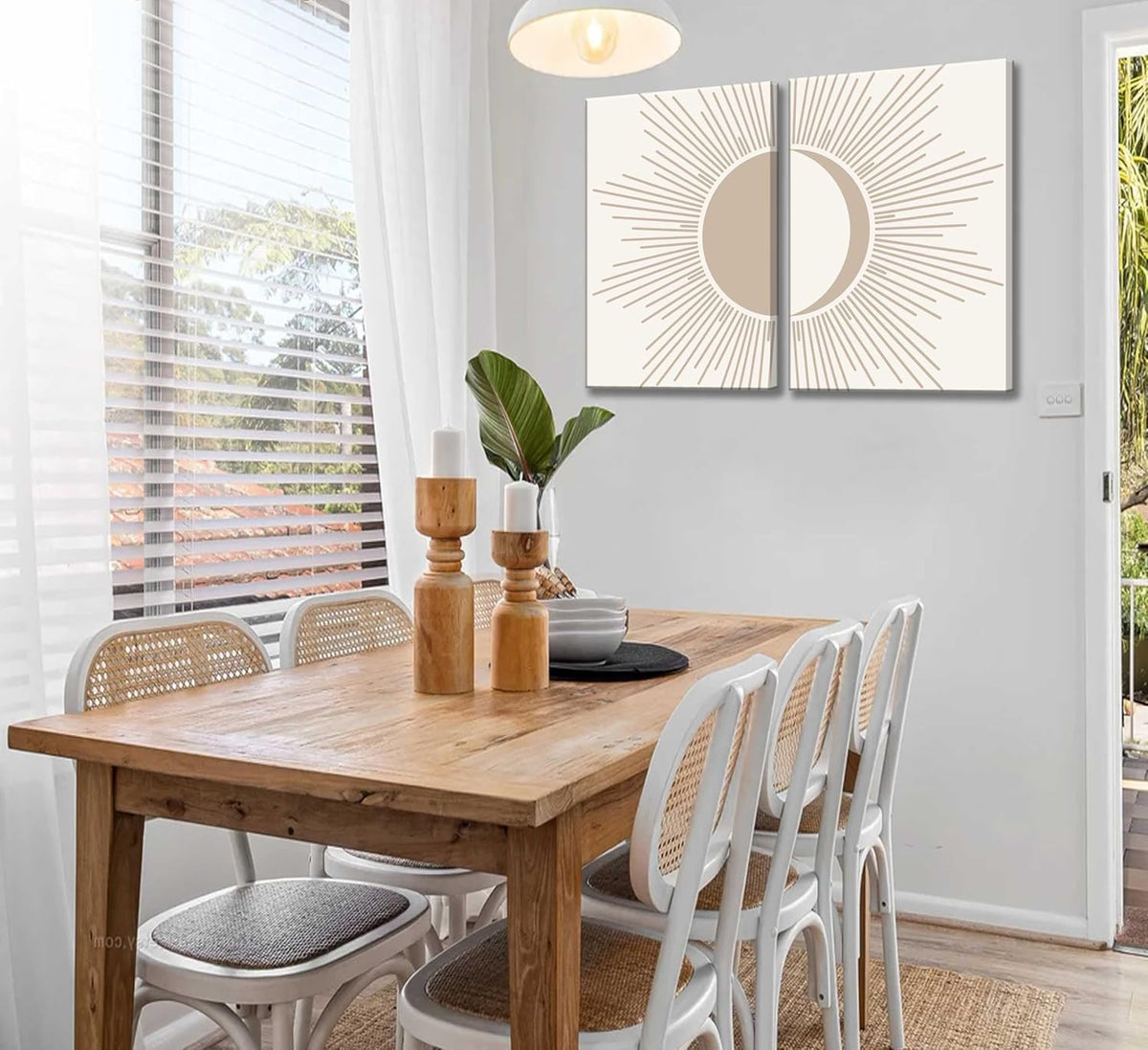 2Pcs Minimalism Boho Canvas Wall art Mid Century Modern Beige and White Sun and Moon Geometric Abstract Painting Pictures Wall Decor Posters Print Artwork for Bedroom Living Room Decoration