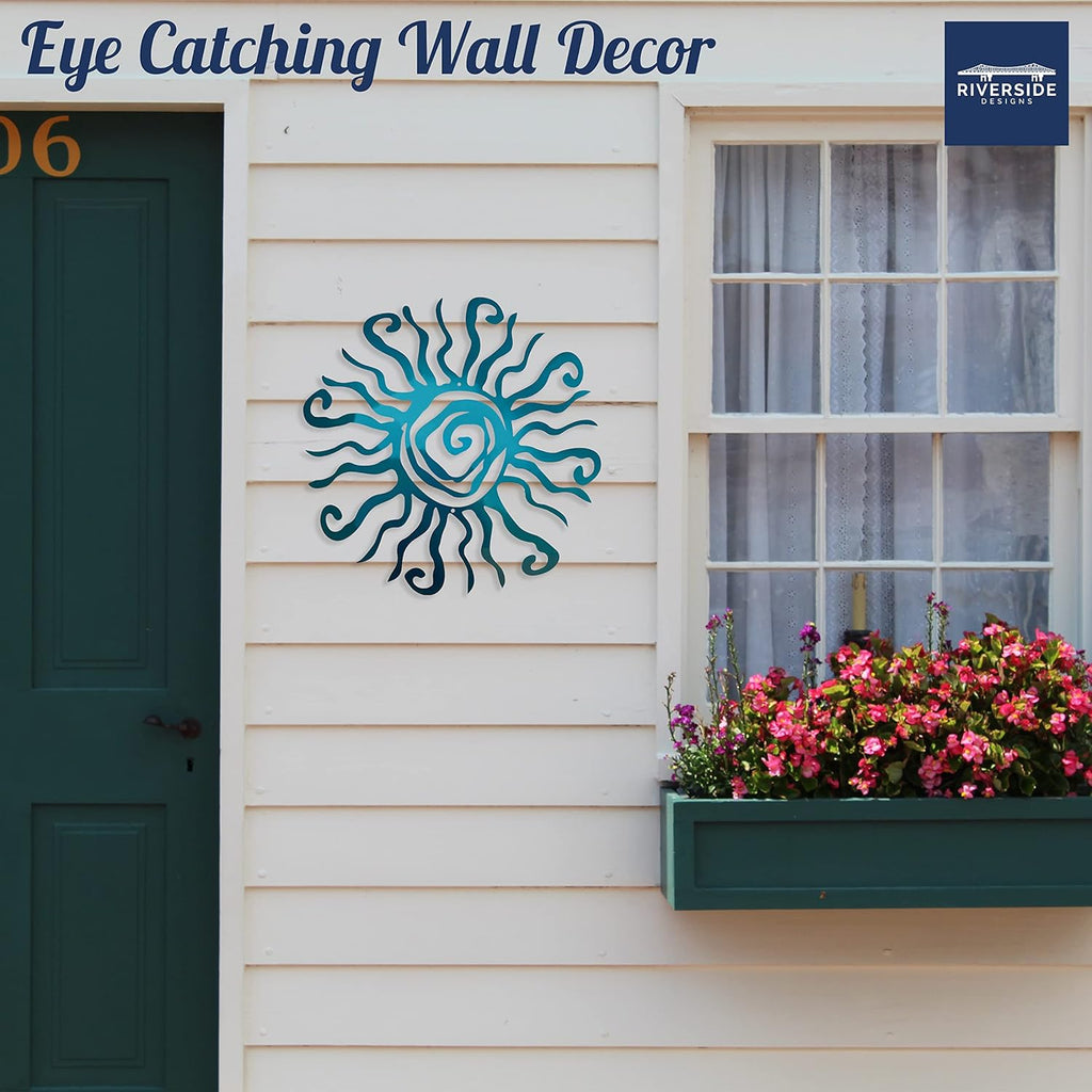 Riverside Designs Wacky Sun Metal Wall Art Indoor/Outdoor Decor - 36" Teal Rust Proof Wall Sculpture - Made in USA - Ideal for Bedroom, Garden, Home, Patio and Farmhouse