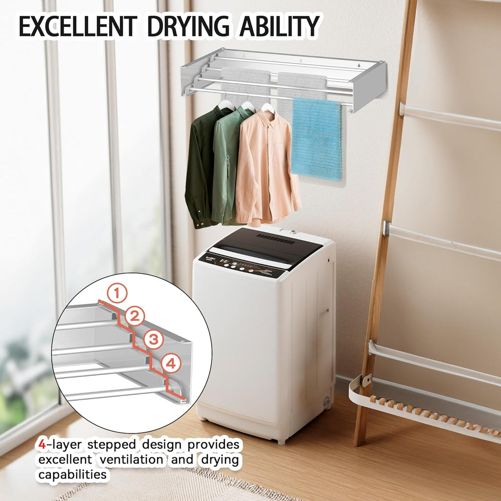 FOCHIER F Laundry Drying Rack Wall Mounted Clothes Drying Rack Collapsible with 4 Aluminum Rods and Drilling Template Long Screwdriver Bit 60 lbs Capacity (White, 23.6")