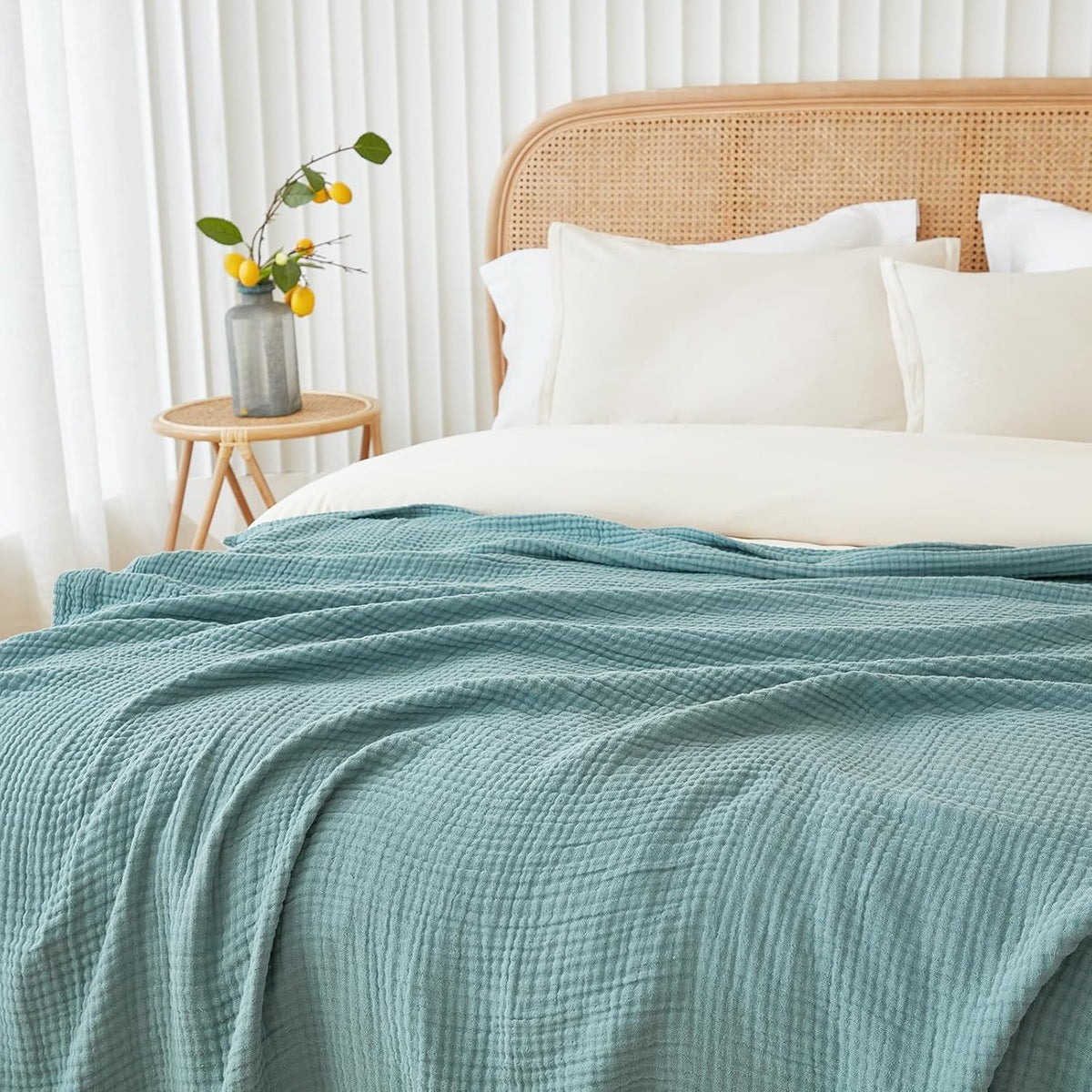 EMME Cotton Blanket Twin XL for Bed Soft Muslin Blankets 66"x90" Lightweight Breathable Layering Bedspread Coverlet All Season Gauze, Teal
