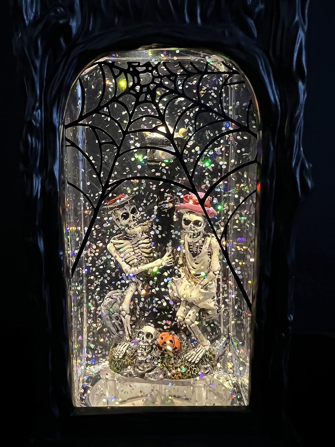 GenSwin Halloween Skeleton Snow Globe Lantern Ghost Projection Lamp with 6 Hour Timer, Battery Operated & USB Powered LED Spinning Water Glittering Globe Halloween Decoration Parties(11”, 3AA)